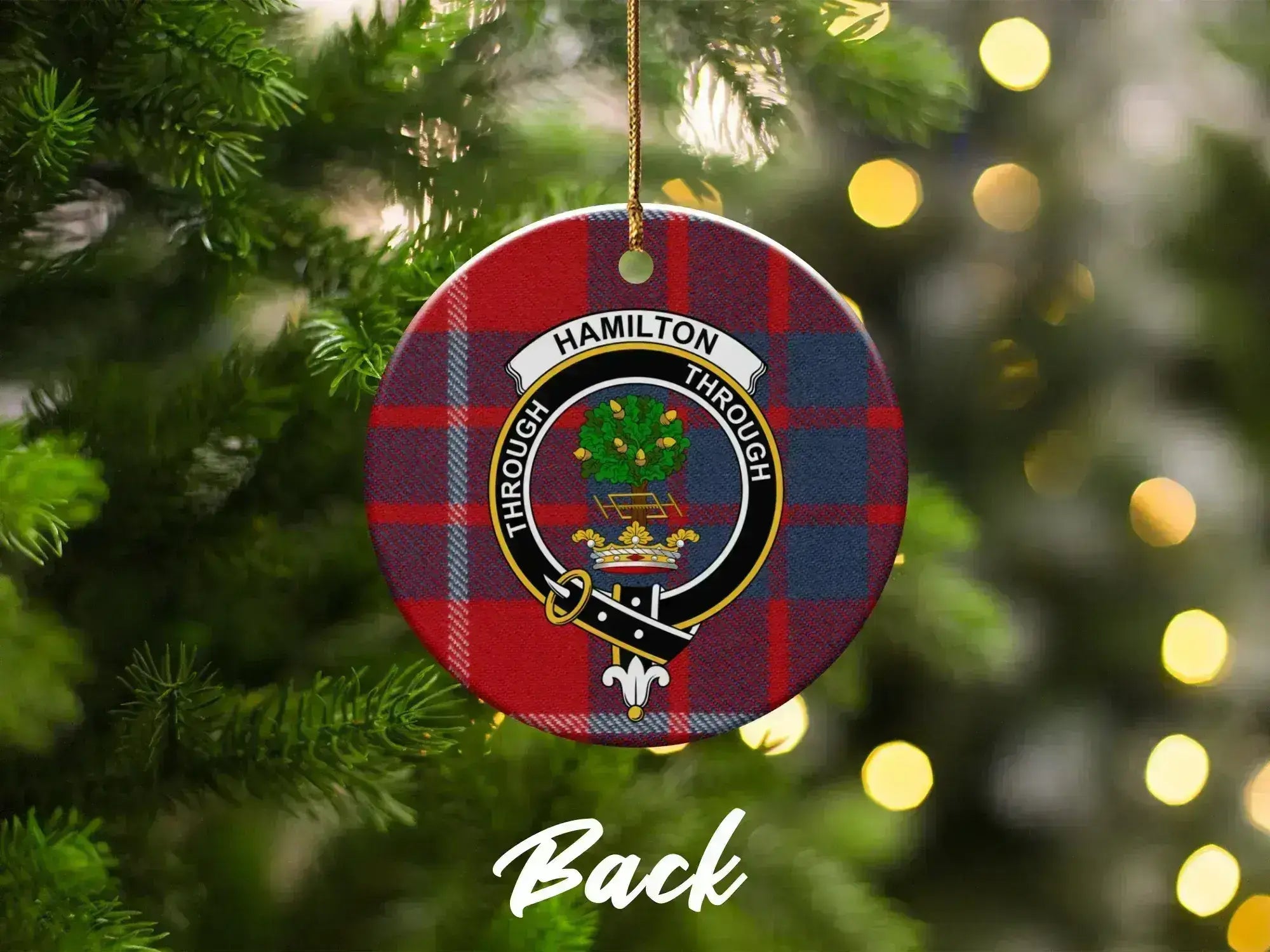 Hamilton Through checkered clan crest ornament — double-sided glazed ceramic, 3-inch disc