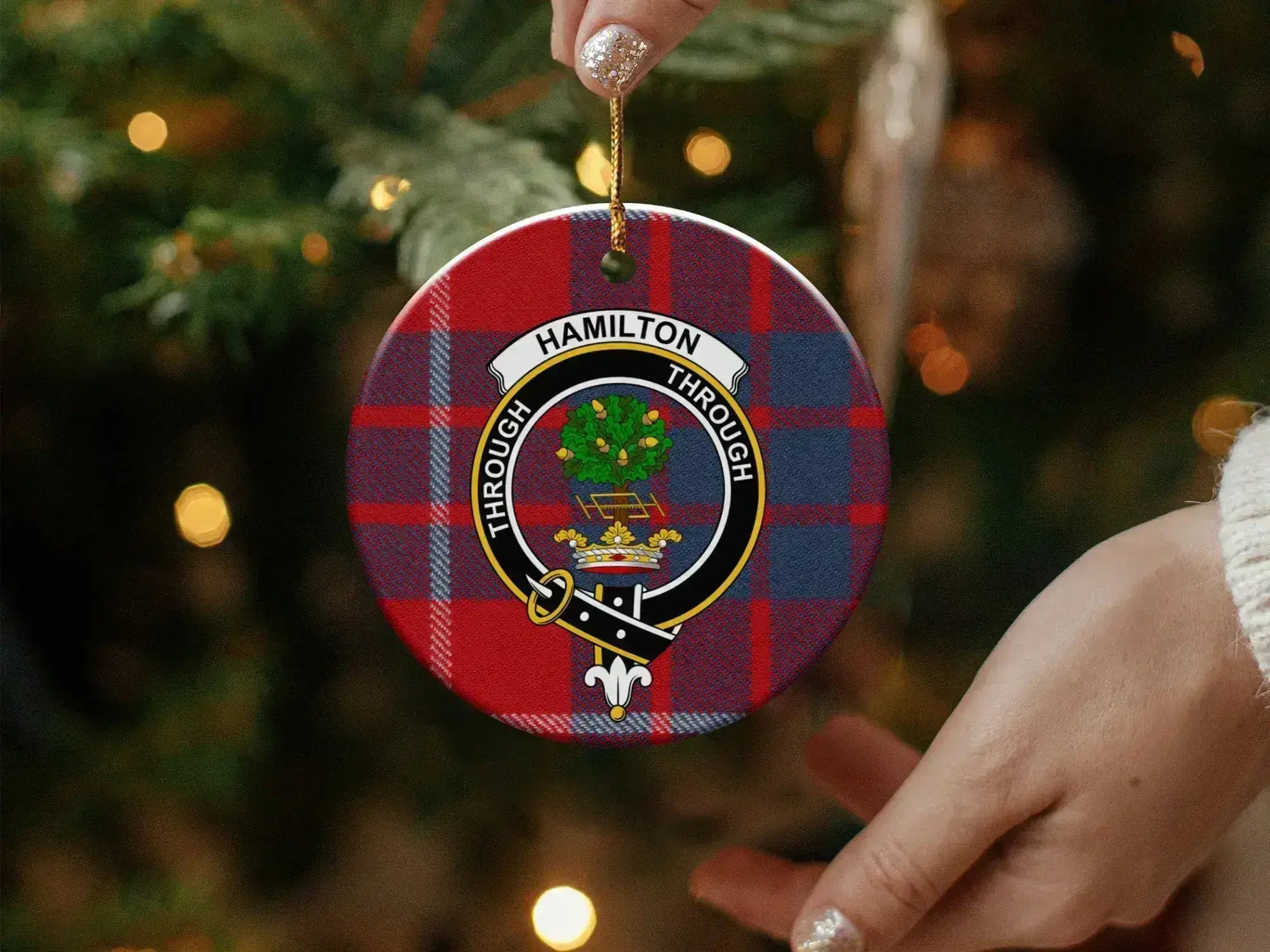 Hamilton Through plaid circle ornament — glossy finish, double-sided 3-inch ceramic disc