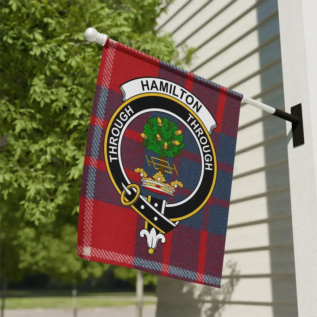 Hamilton clan crest tartan garden flag 12x18 inches — poly poplin-canvas with Through motto design