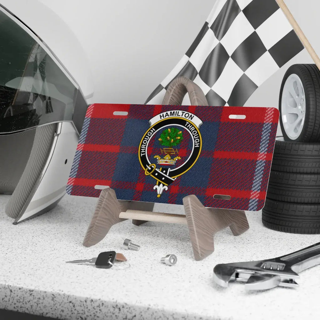 Hamilton clan crest tartan novelty license plate — 12x6 aluminium with Through motto heraldic design