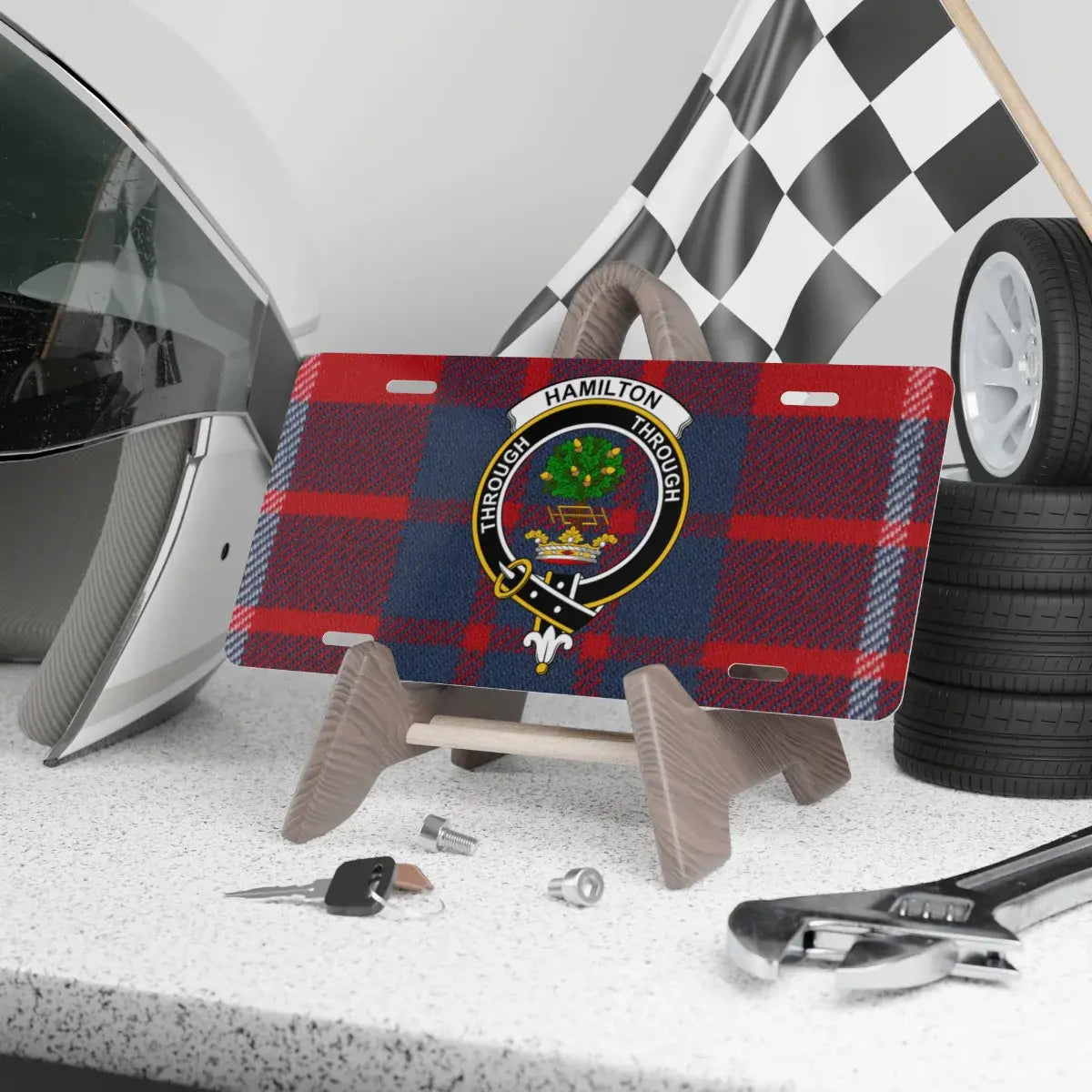 Hamilton clan crest tartan novelty license plate — 12x6 aluminium with Through motto heraldic design