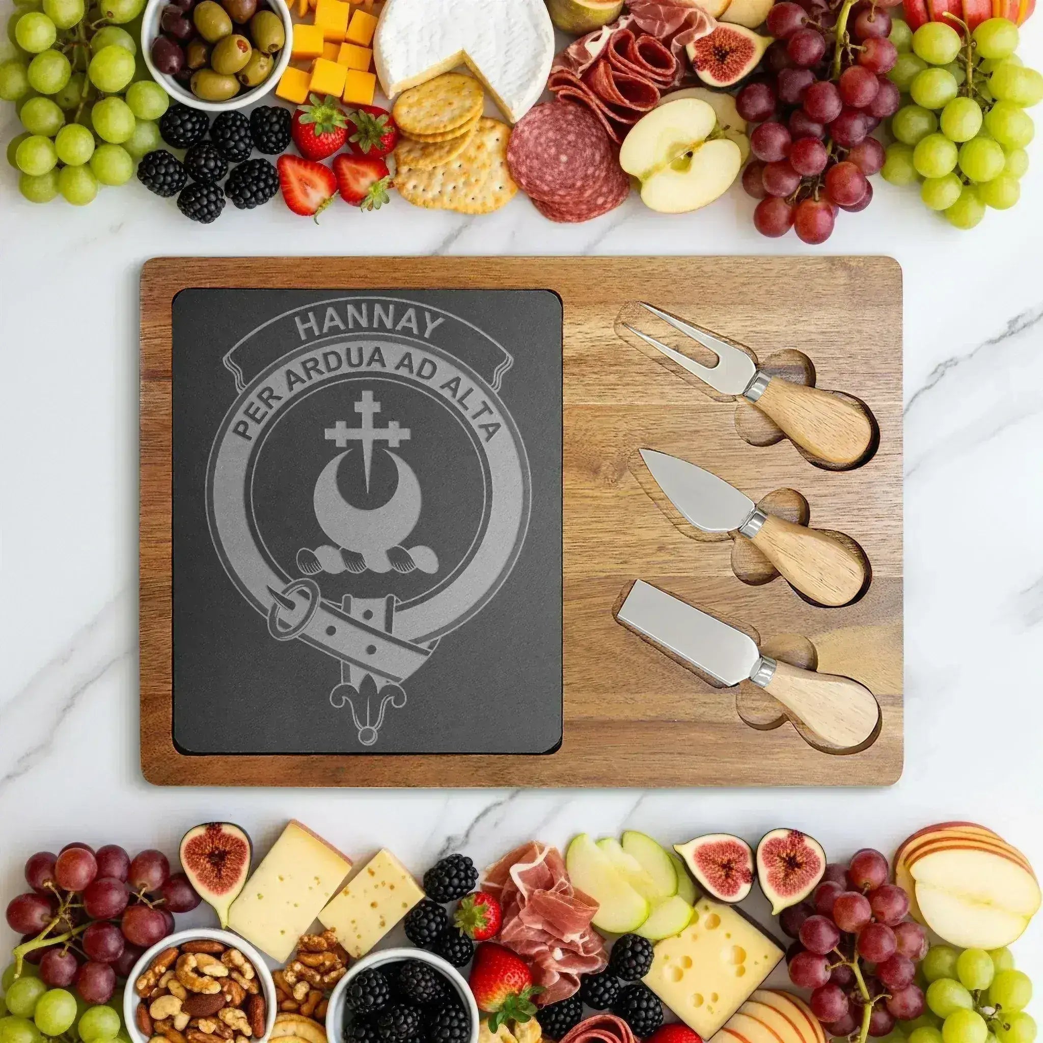 Clan Hannay crest laser-engraved charcuterie board — acacia and slate, 12.5 x 7.75 inch
