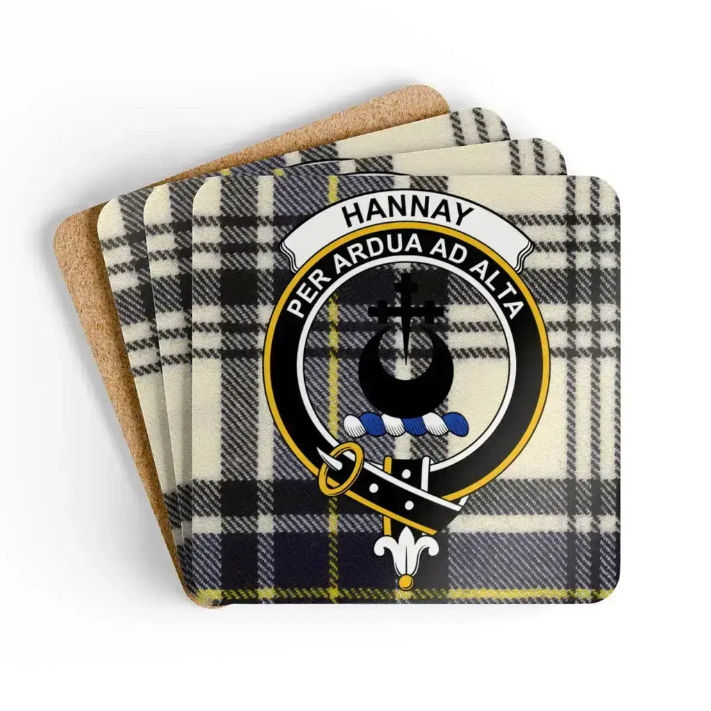 Clan Hannay crest tartan coaster set — four square cork-backed coasters, 3.75 inch