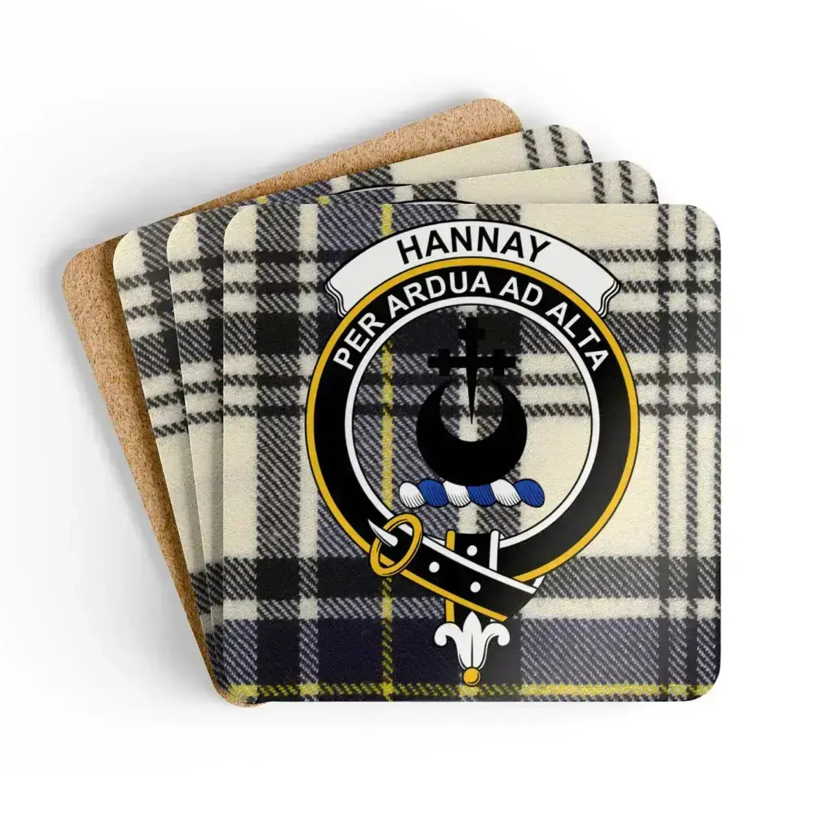 Clan Hannay crest tartan coaster set — four square cork-backed coasters, 3.75 inch
