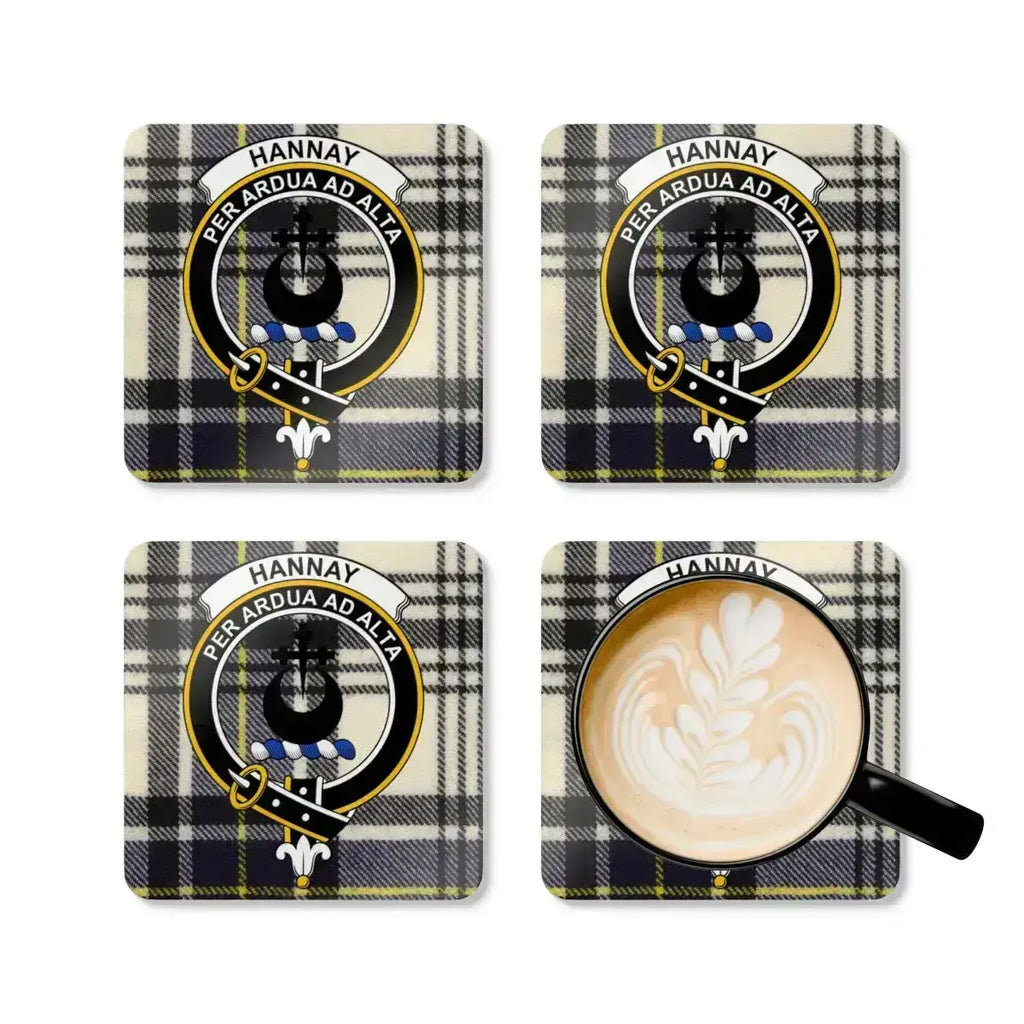Hannay clan crest coaster — Per Ardua Ad Alta motto and tartan print on gloss surface
