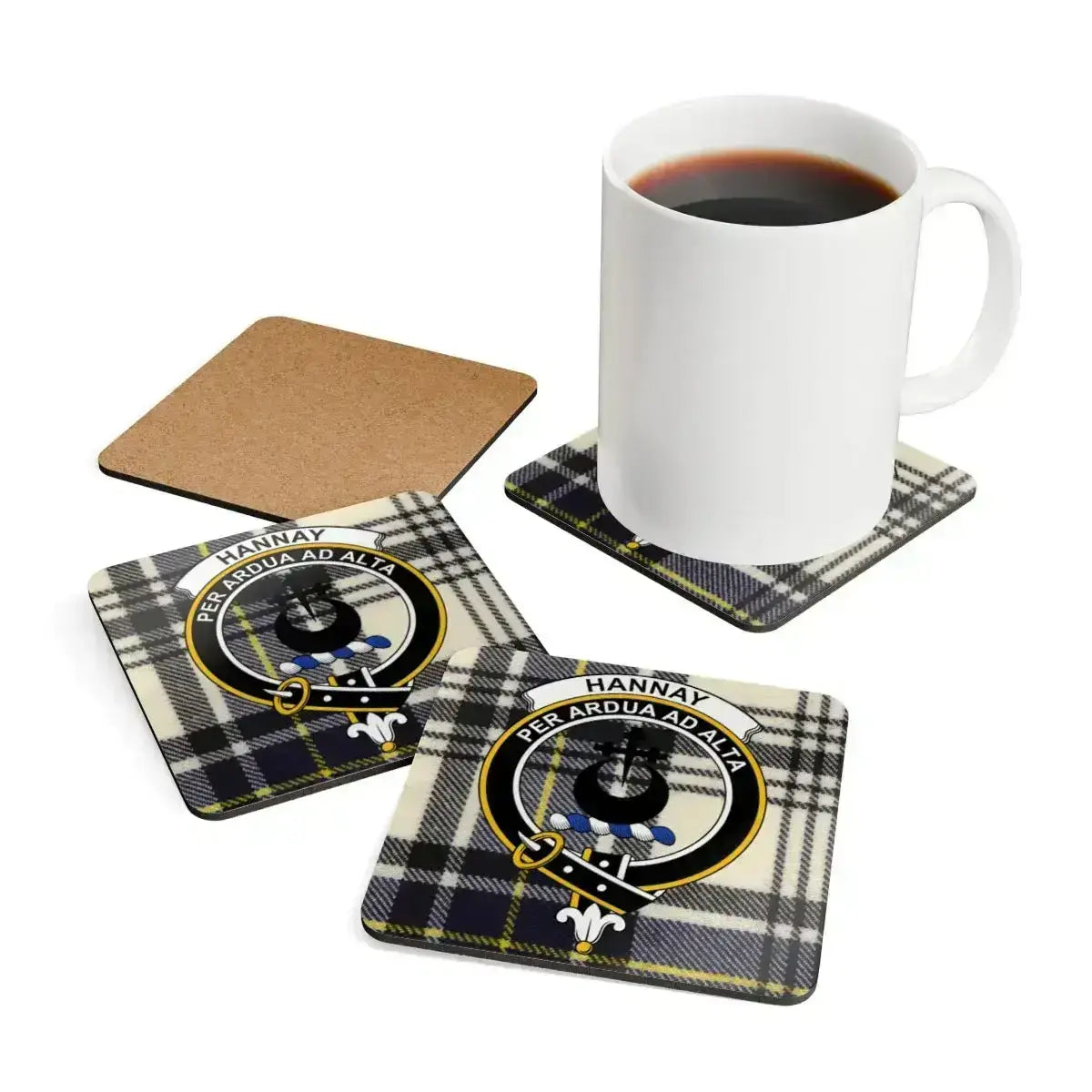 Hannay tartan coaster set — close-up of clan crest and tartan pattern on square cork-backed coaster