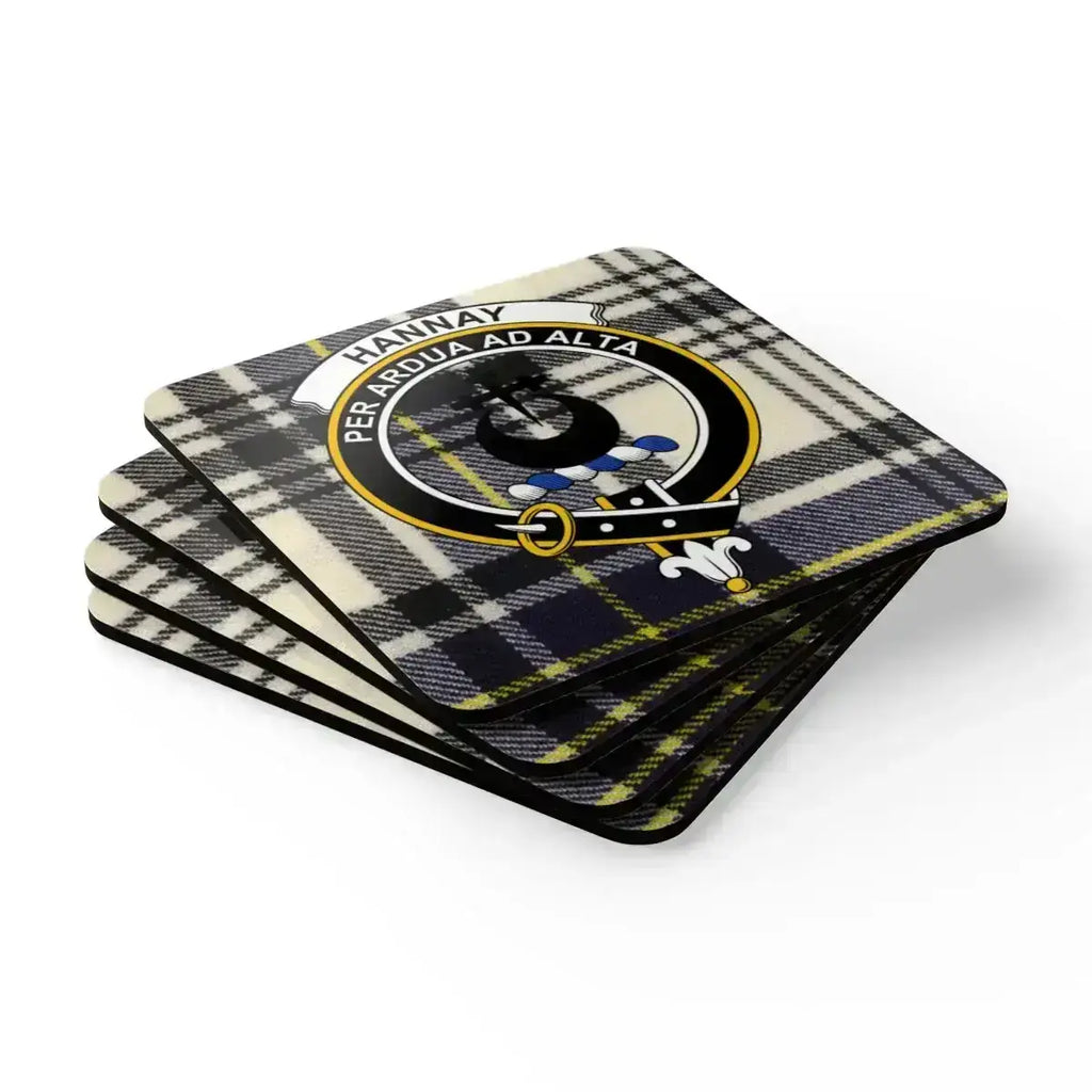 Clan Hannay coaster set — all four coasters shown with crest and tartan background