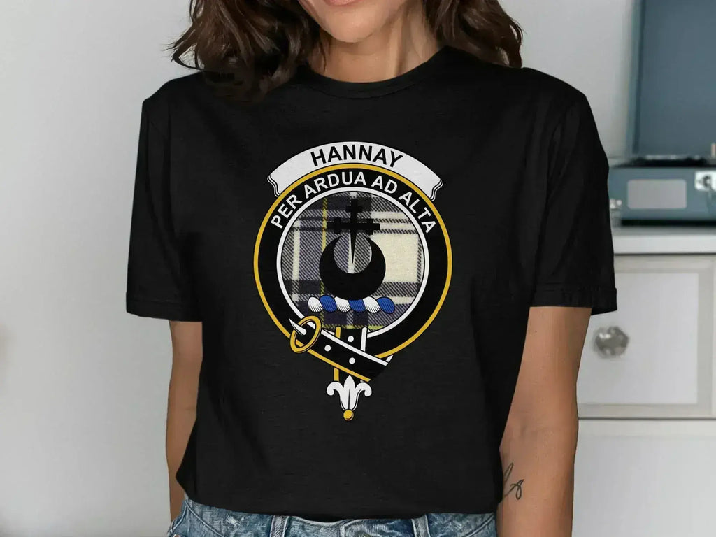 Hannay clan crest t-shirt in royal blue — close-up of crest and tartan on chest