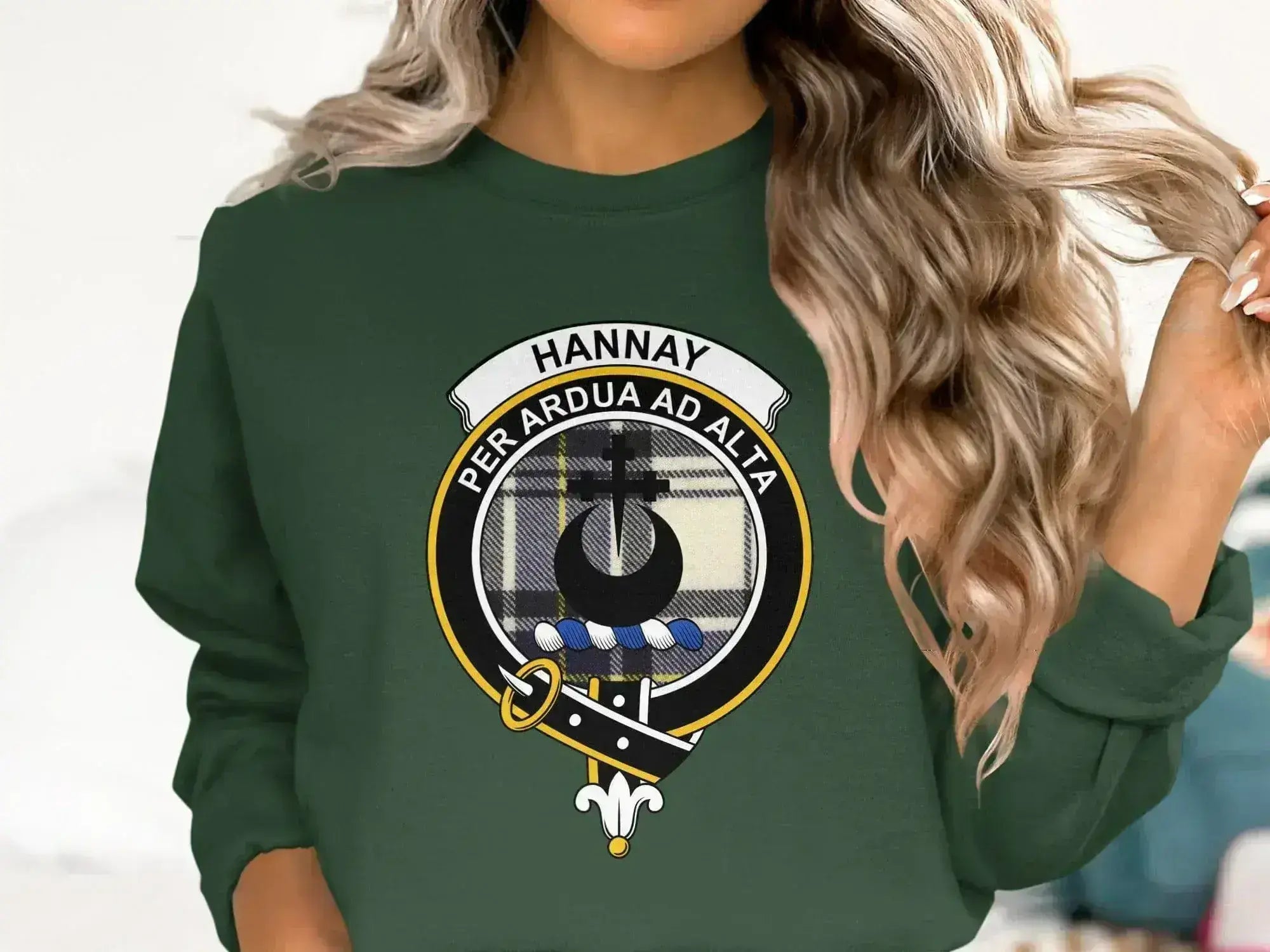 Hannay clan crest crewneck sweatshirt in navy — fleece Scottish heritage top with crest on front