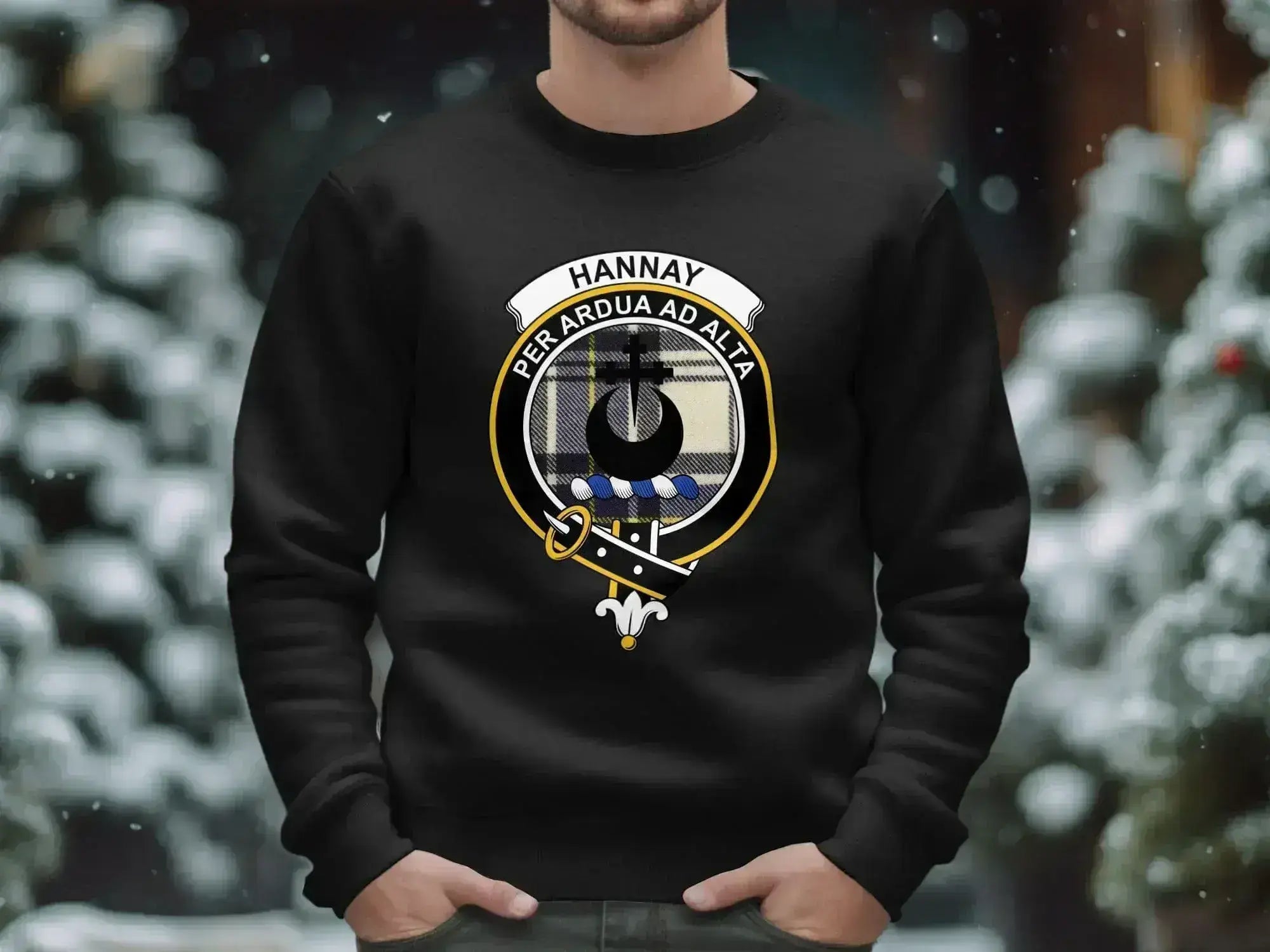 Hannay clan crest sweatshirt in black — Per Ardua Ad Alta and crest on fleece crewneck
