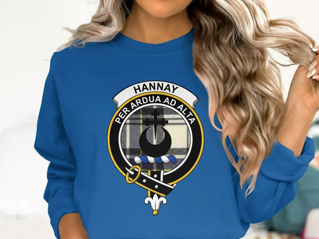 Hannay crewneck sweatshirt in forest green — printed clan crest and tartan on chest