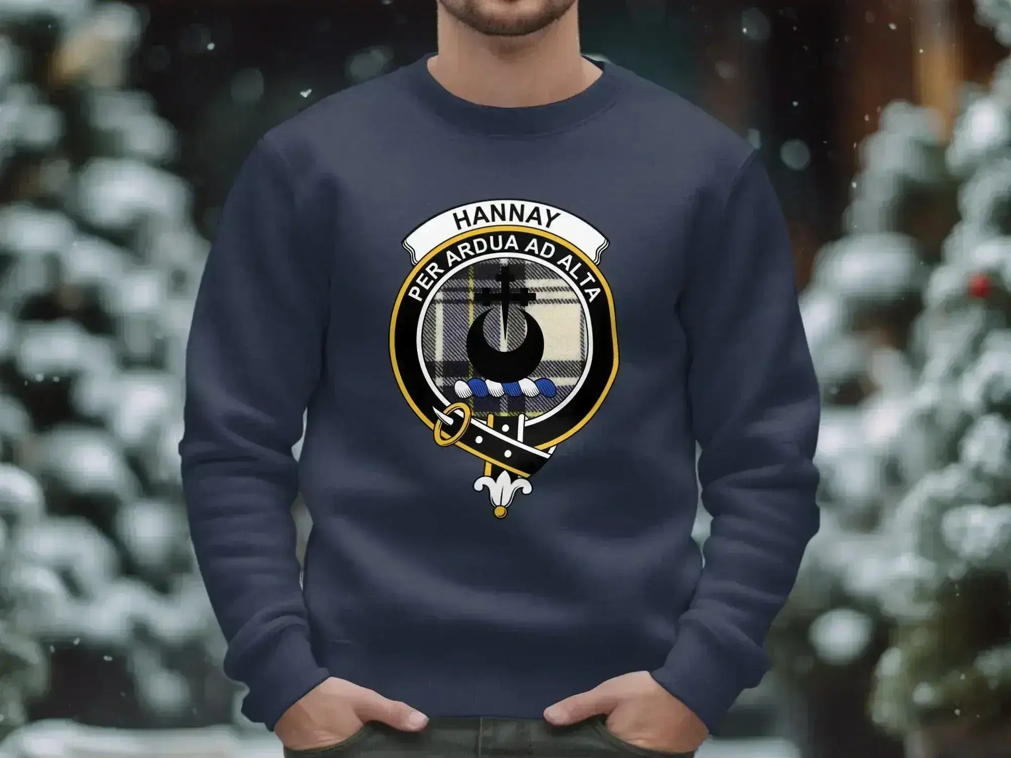 Hannay sweatshirt in royal blue — clan crest printed on heavy blend crewneck