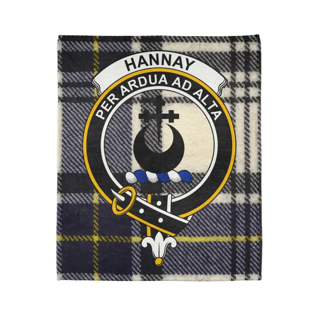 Hannay crest and Per Ardua Ad Alta motto on printed throw blanket — full flat lay view