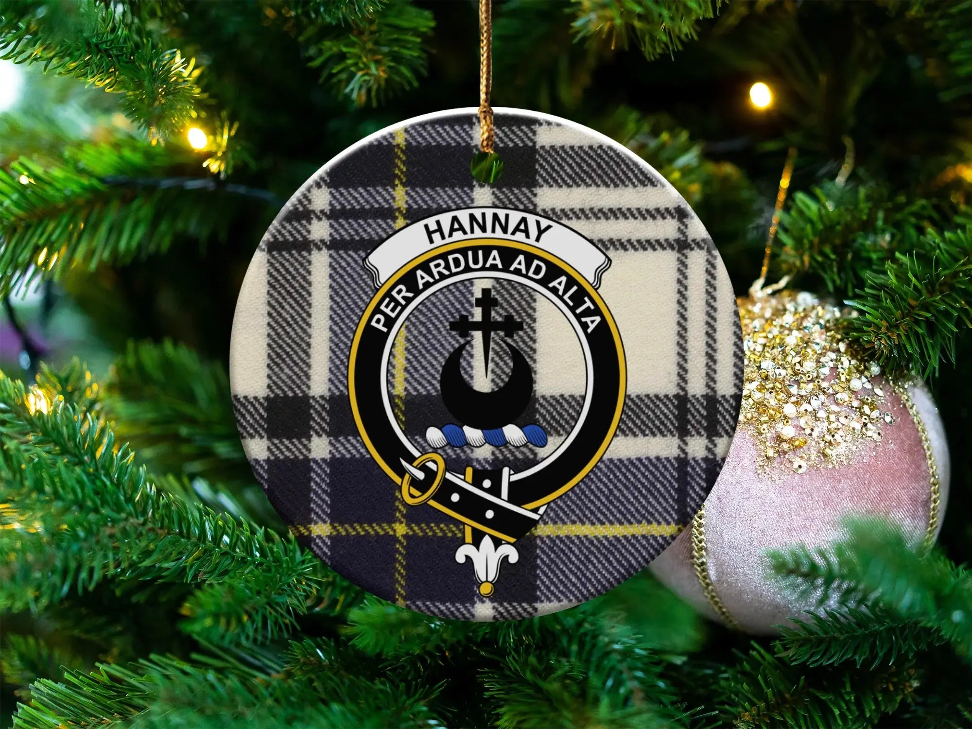 Clan Hannay tartan crest ceramic ornament — 3 inch round double-sided Scottish Christmas keepsake