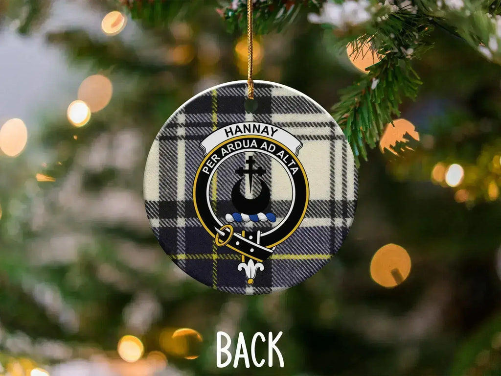 Hannay clan crest ornament — reverse side showing double-sided ceramic print with gold hanging string