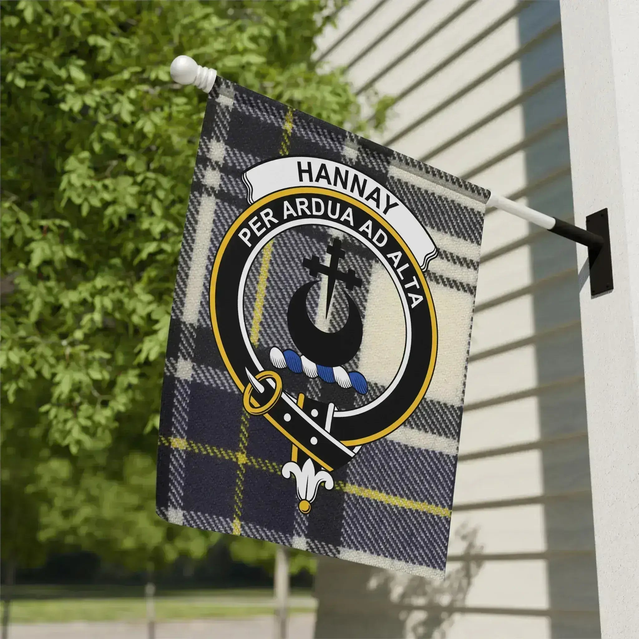 Clan Hannay crest tartan garden flag — 12x18 inch poly-canvas with Per Ardua Ad Alta motto on pole
