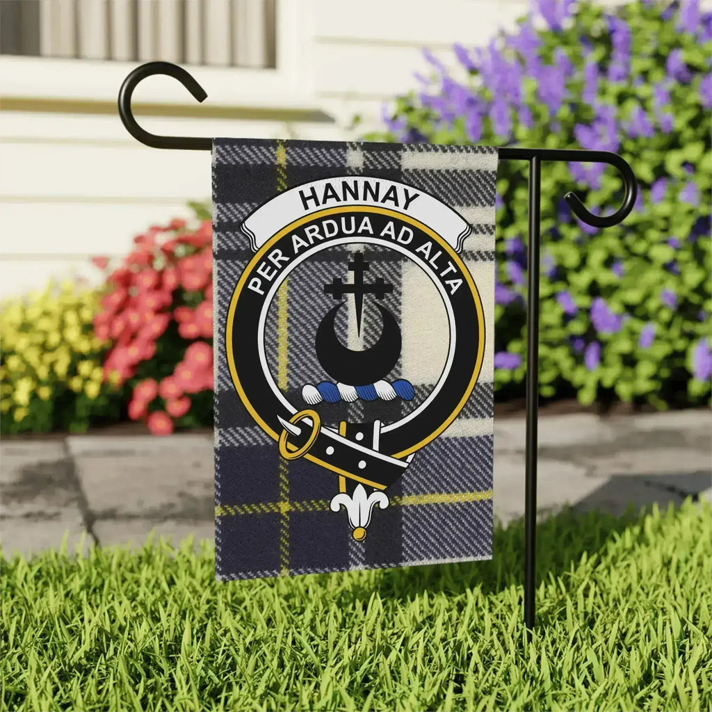 Hannay clan crest garden flag — 24.5x32 inch size displaying full tartan crest design