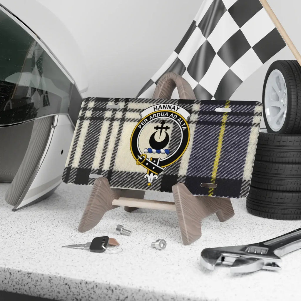 Clan Hannay crest tartan novelty license plate — clan crest and Per Ardua Ad Alta motto on 12x6 aluminium