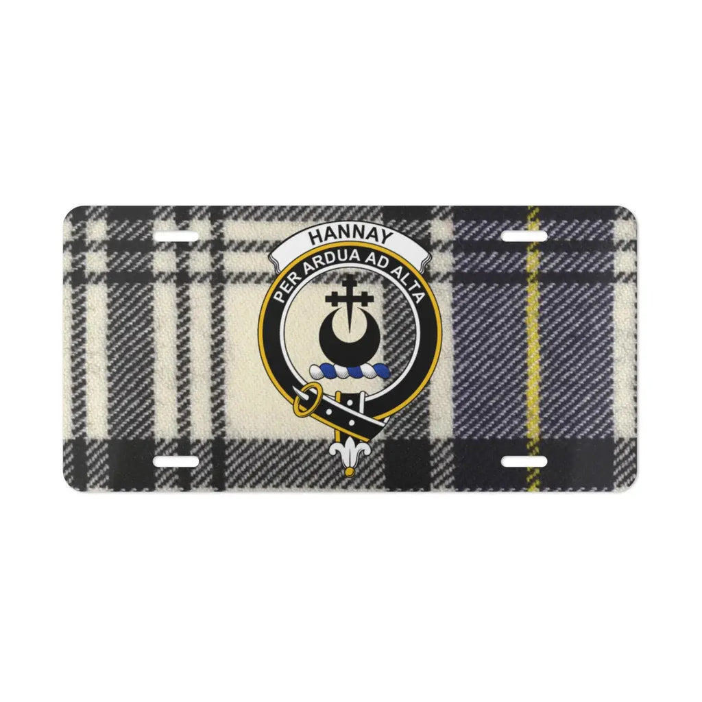 Hannay tartan crest license plate — front view showing clan crest and motto on white aluminium