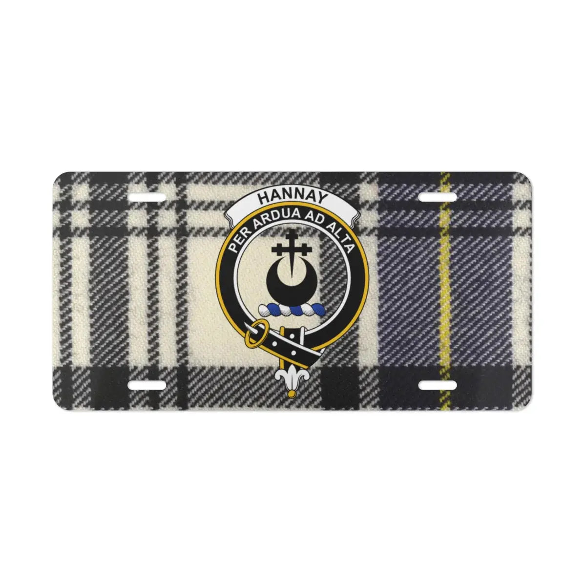 Hannay tartan crest license plate — front view showing clan crest and motto on white aluminium