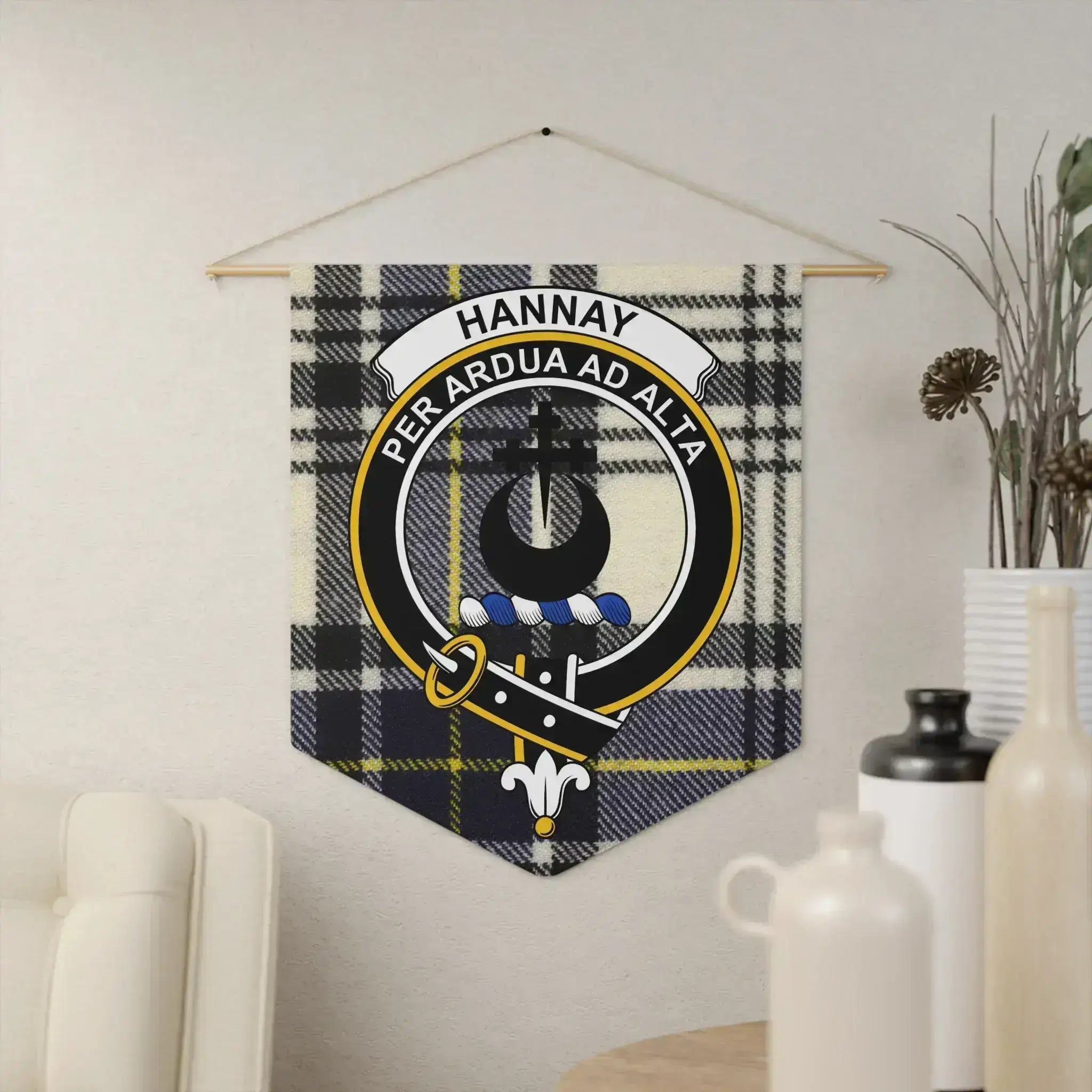 Clan Hannay crest tartan pennant — 18x21 inch polyester twill wall hanging with Per Ardua Ad Alta motto