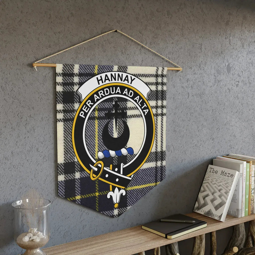 Hannay clan crest pennant — full front view showing tartan and crest on 18x21 inch wall pennant