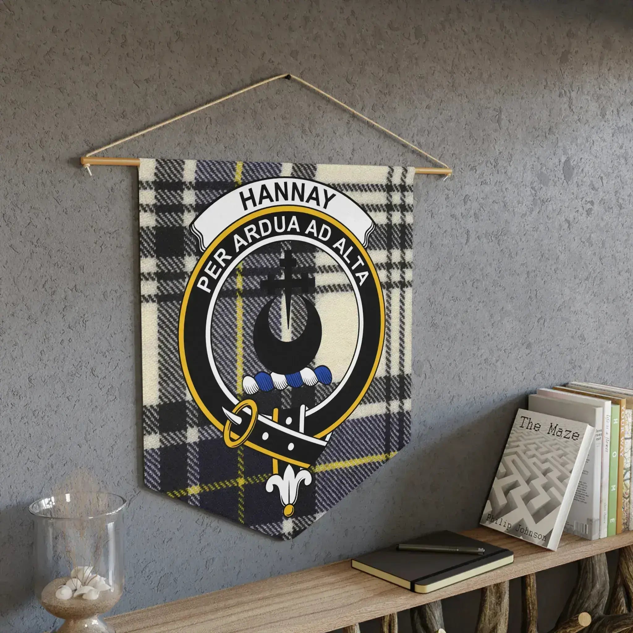 Hannay clan crest pennant — full front view showing tartan and crest on 18x21 inch wall pennant