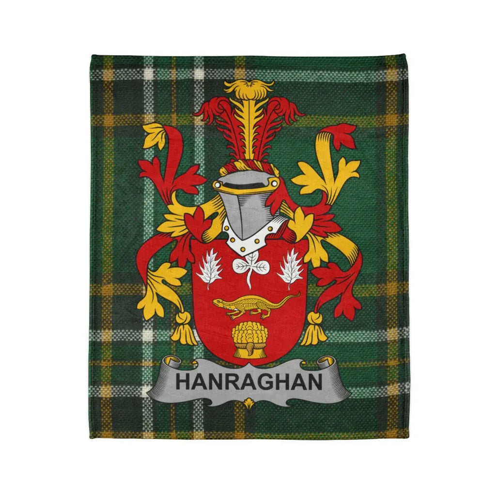 Hanraghan Family Crest on Green Plaid Tapestry Blanket