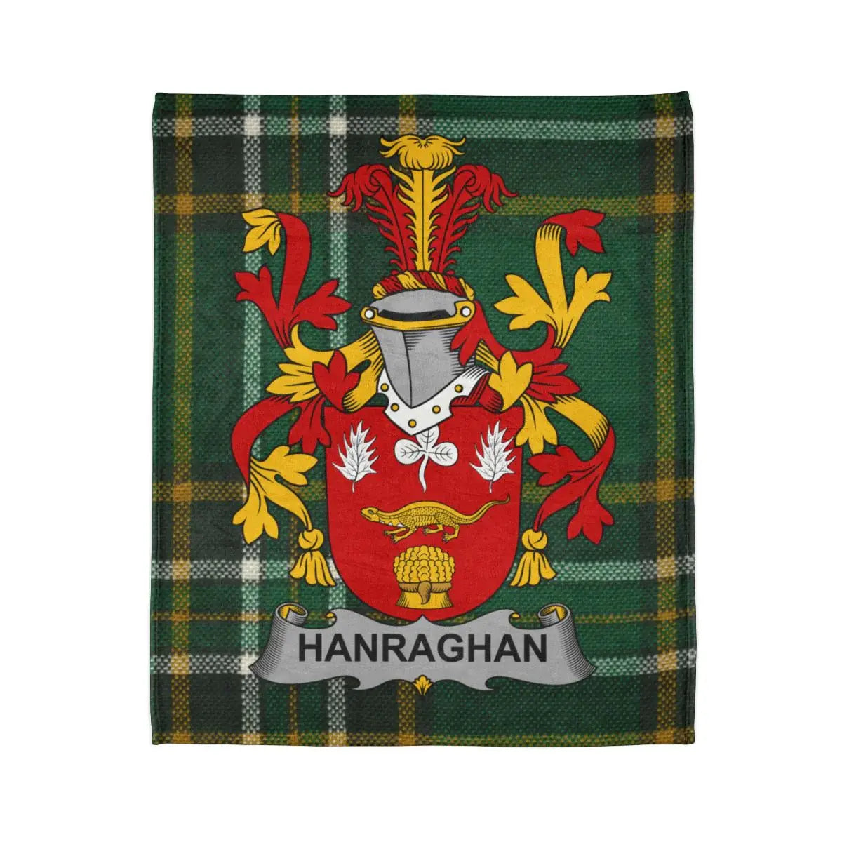 Hanraghan Family Crest on Green Plaid Tapestry Blanket