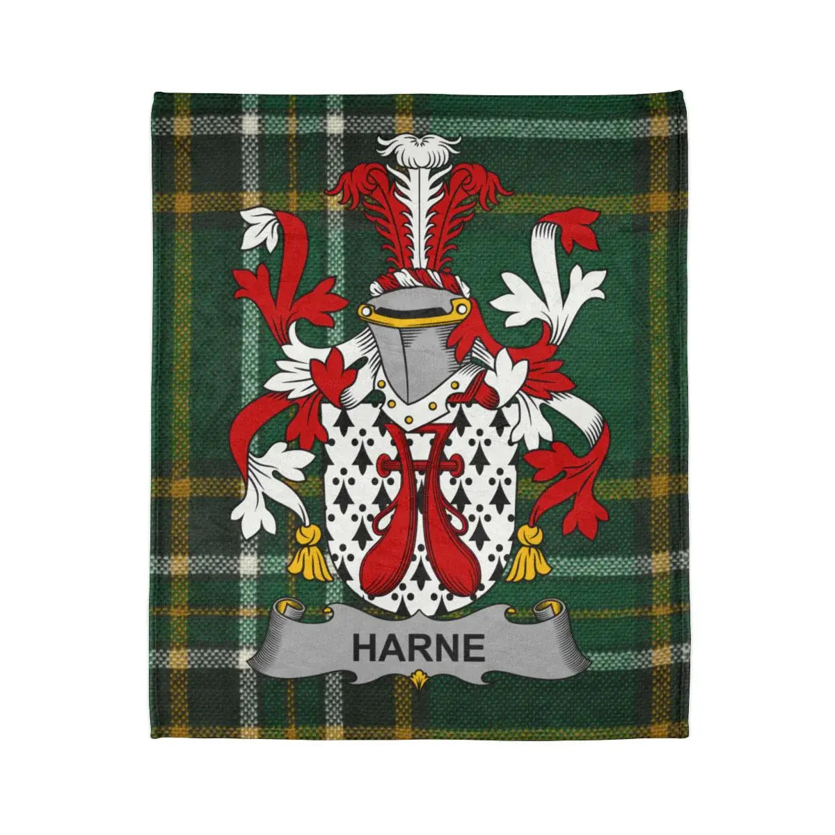 Harne Family Crest on Green Tartan Backdrop Blanket