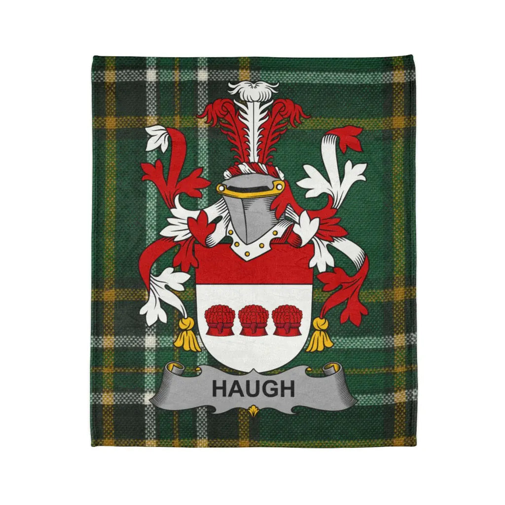 Haugh Family Crest on Green Plaid Background Blanket