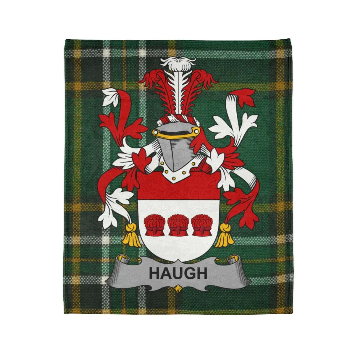 Haugh Family Crest on Green Plaid Background Blanket