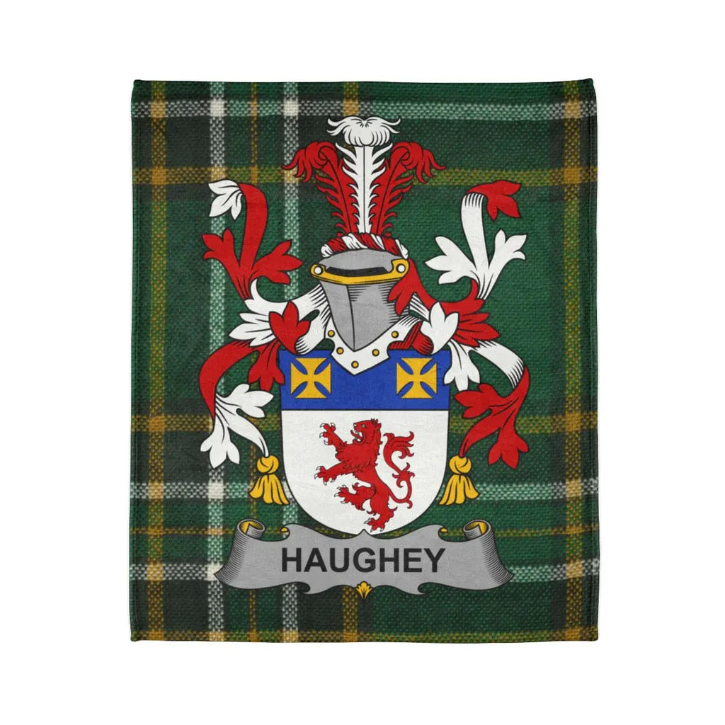 Haughey Family Crest on Green Plaid Blanket Design