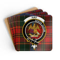 Hay clan crest tartan coaster set of 4 — natural cork squares with sealed Serva Jugum eagle design