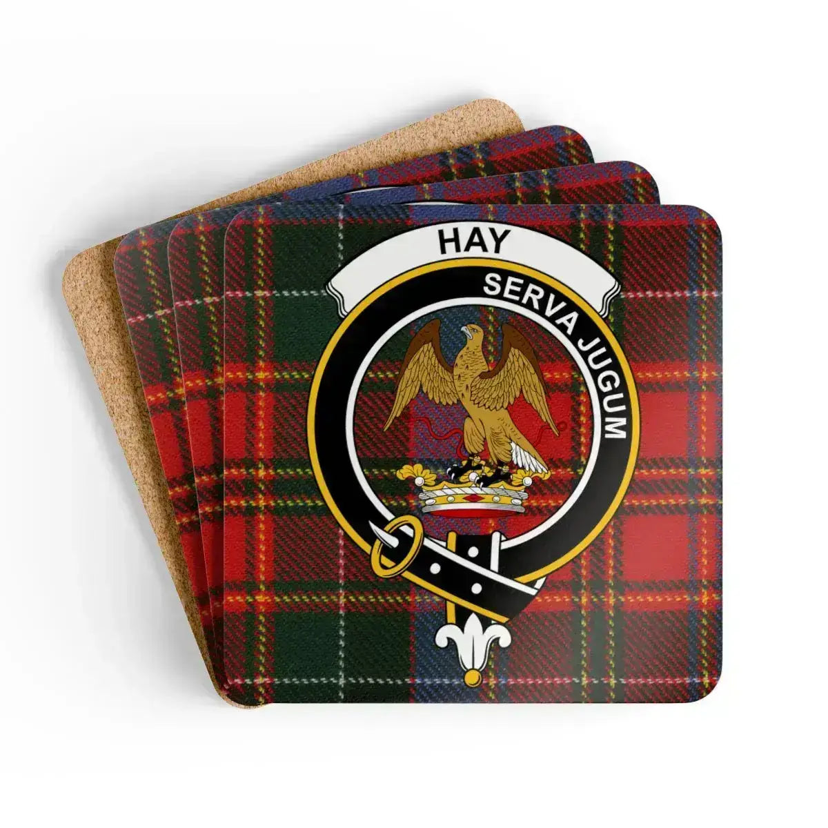 Hay clan crest tartan coaster set of 4 — natural cork squares with sealed Serva Jugum eagle design