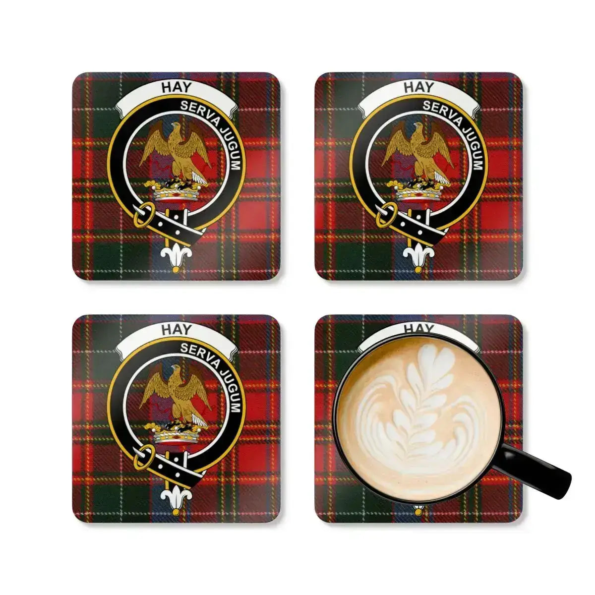 Hay Scottish eagle Serva Jugum tartan plaid coaster set — four cork coasters with clan design