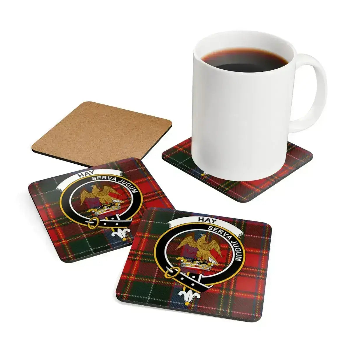 Hay coat of arms tartan plaid coasters — 3.75-inch corkwood with glossy sealed print