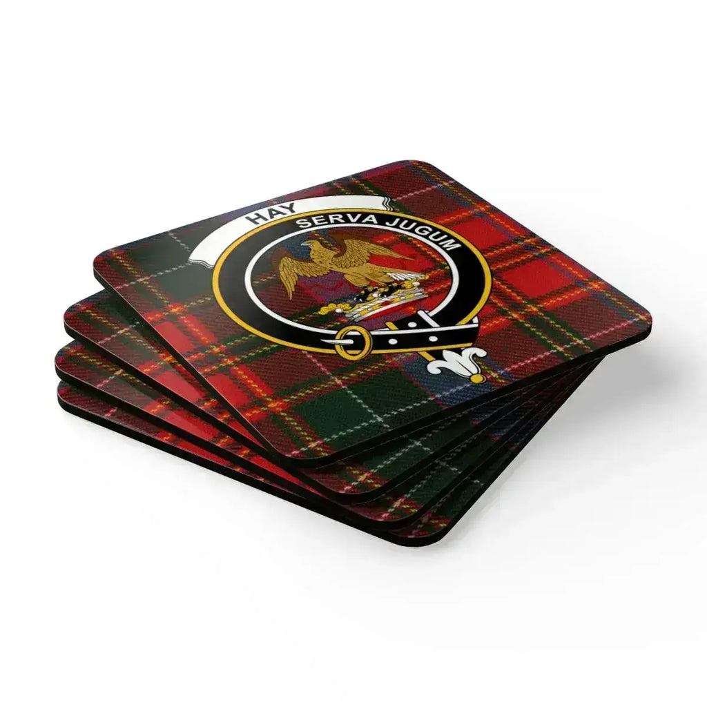 Hay Serva Jugum red plaid coaster set — four natural cork squares with heraldic eagle design