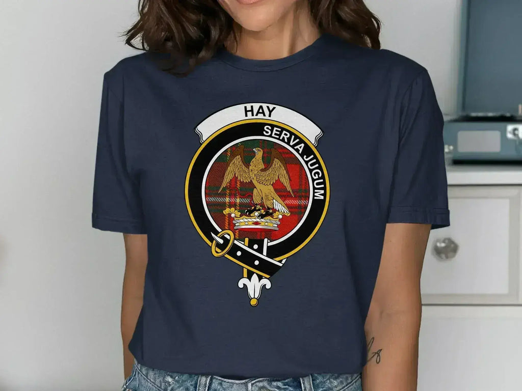 Hay Serva Jugum family crest t-shirt — clan design on cotton, unisex fit