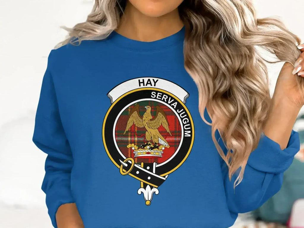 Hay Serva Jugum emblem sweatshirt — clan heraldic design on fleece fabric
