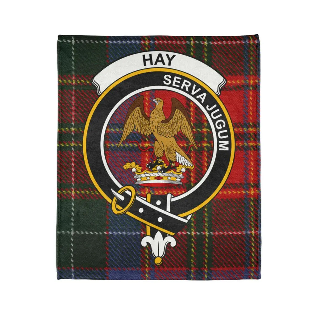 Hay Serva Jugum eagle emblem tartan pattern throw blanket — heraldic crest design on 50x60 polyester