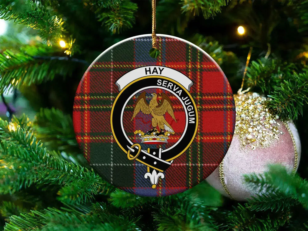 Hay clan tartan ceramic ornament — 3-inch round glossy disc with eagle crest and Serva Jugum motto