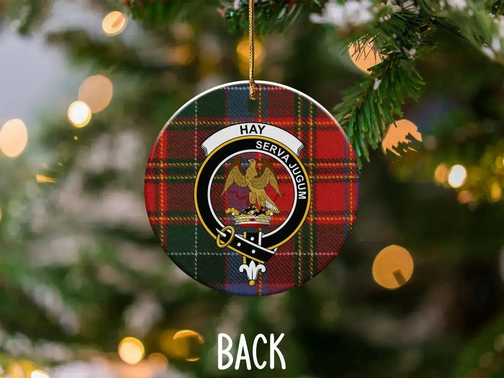 Hay Serva Jugum plaid Christmas ornament — 3-inch ceramic disc, gold hanging string
