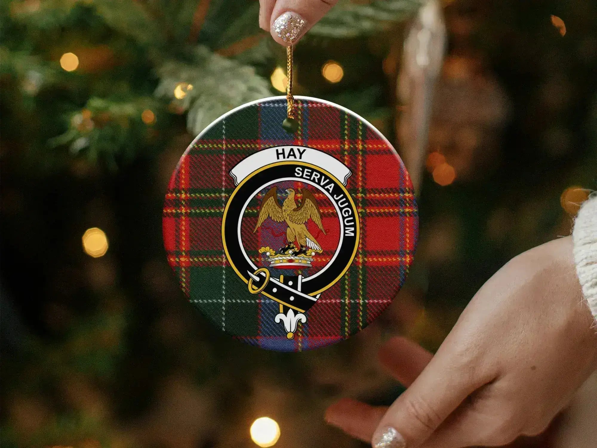 Hay Serva Jugum clan ceramic ornament close-up — glossy finish, double-sided 3-inch disc