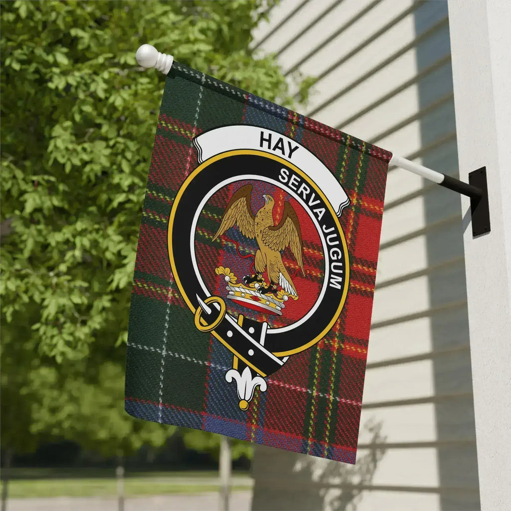 Hay clan crest tartan garden flag 12x18 inches — poly poplin-canvas with Serva Jugum eagle design