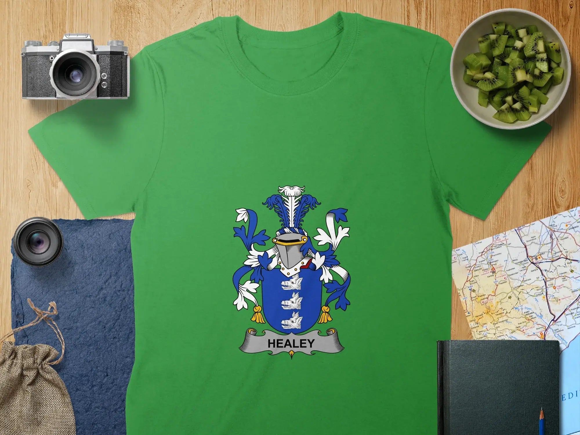 Healey Family Crest Emblem on Green T-Shirt
