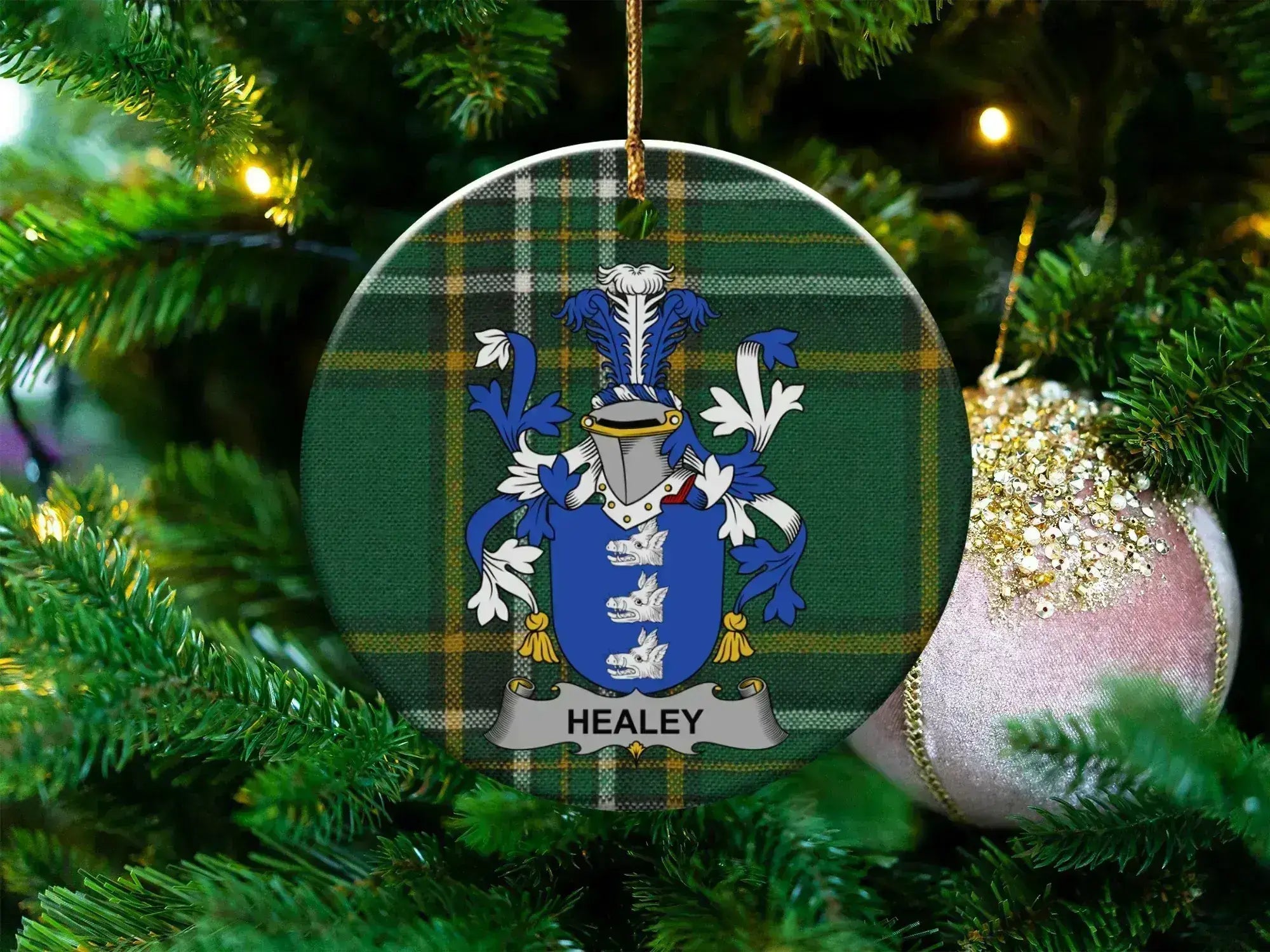 Healey Family Crest Green Plaid Ornament