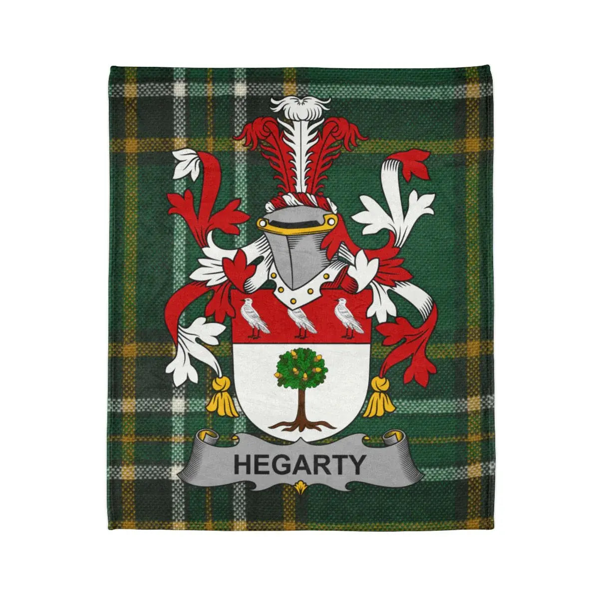 Hegarty Family Crest with Green Plaid Background Blanket