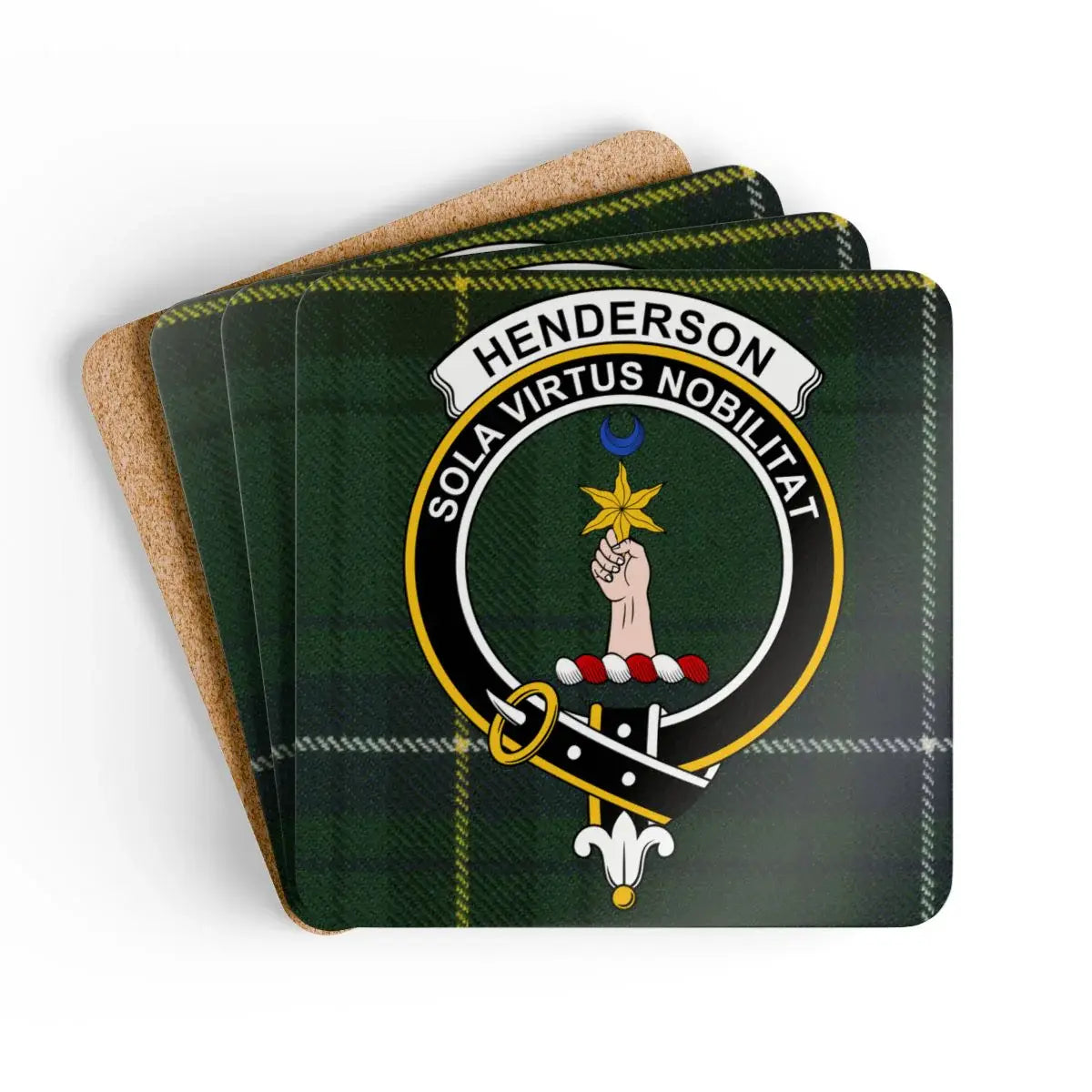 Henderson clan crest tartan coaster set of 4 — natural cork squares with sealed Sola Virtus Nobilitat design