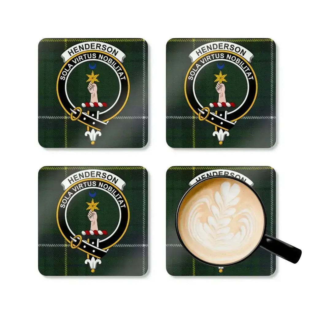 Henderson Sola Virtus Nobilitat family crest coaster set — four cork coasters with clan heraldic design